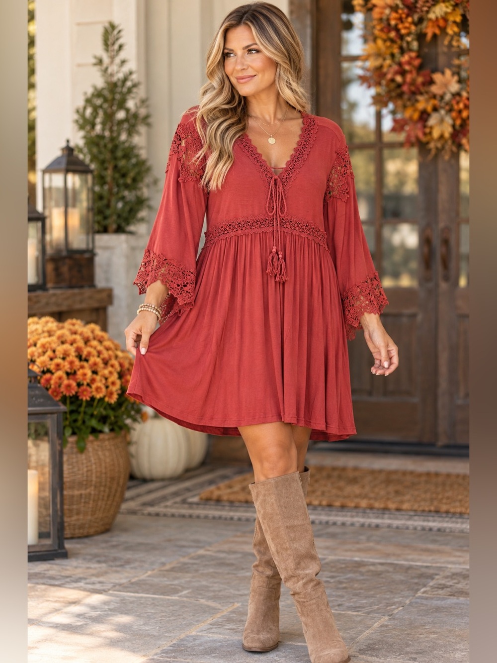 Hayden Los Angeles Rust Crochet Lace Boho Dress NWT
